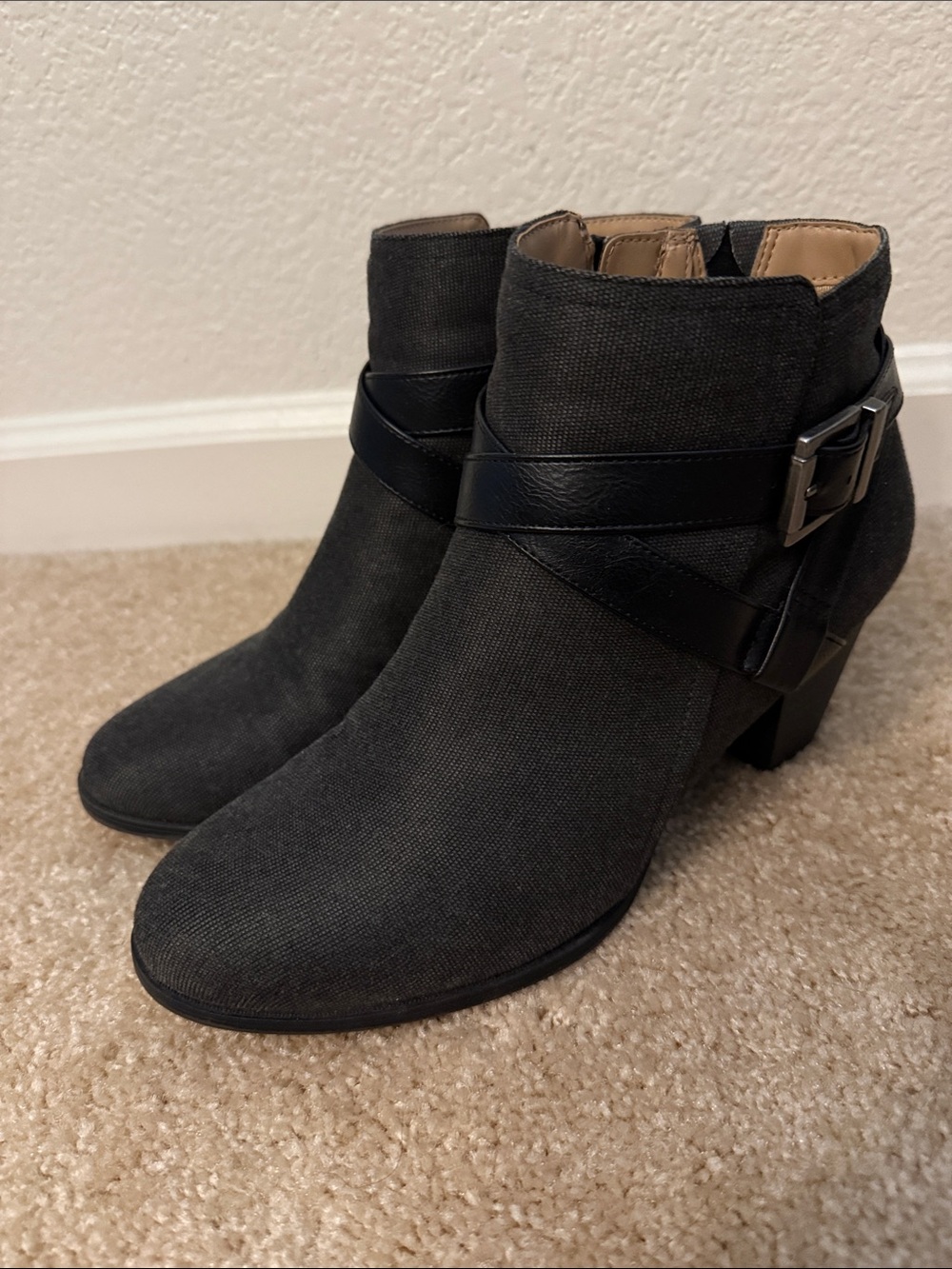 Abella Charcoal Ankle Booties with Black Buckle Strap
